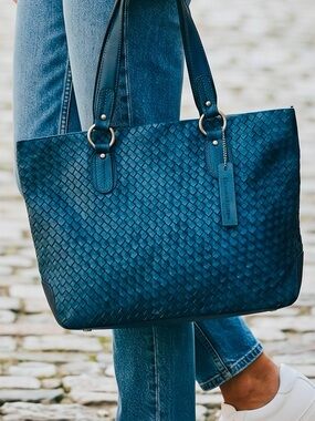 NWOT- Nino Bossi Genuine Leather Woven Tote – Teal Blue